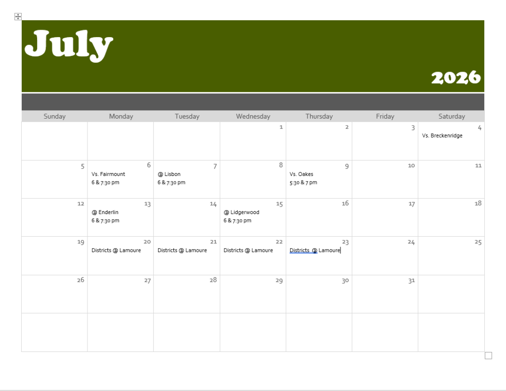 B legion July schedule